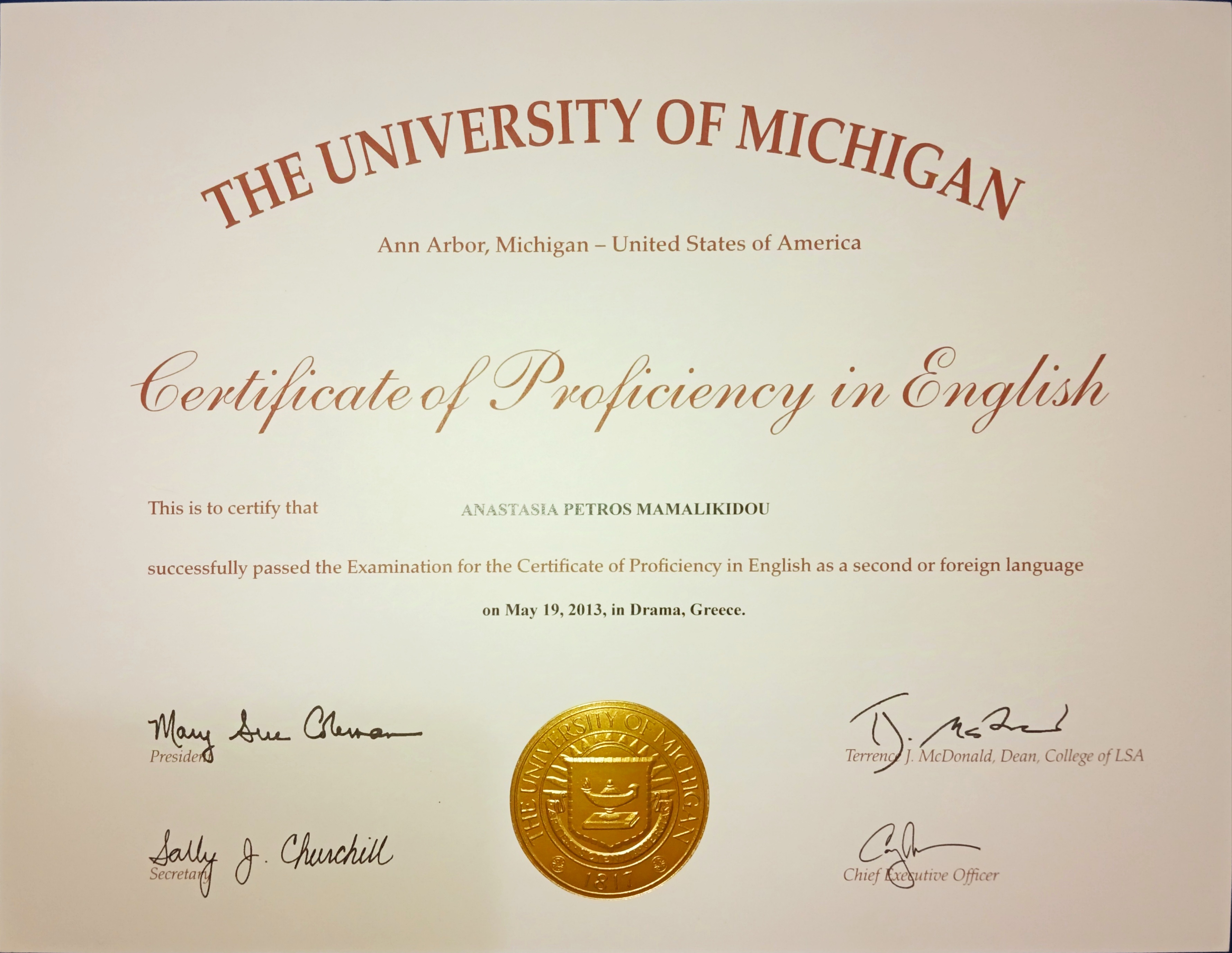 Certificate of Proficiency in English by the University of Michigan