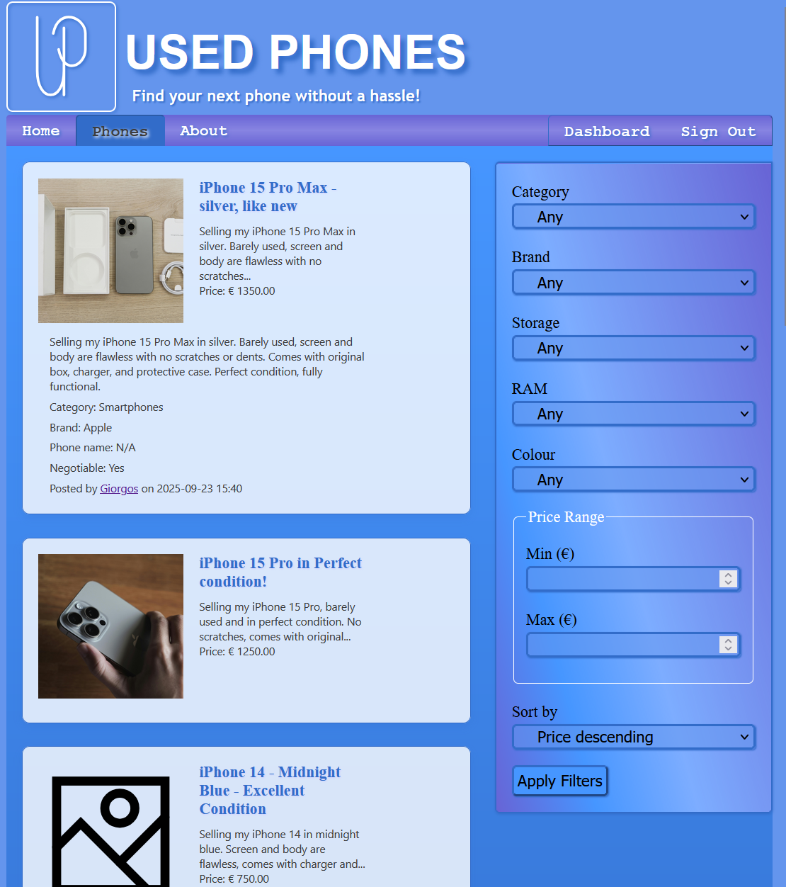 UI screenshot of the smartphone marketplace showing sorted listings and an expanded item using a details-summary component.