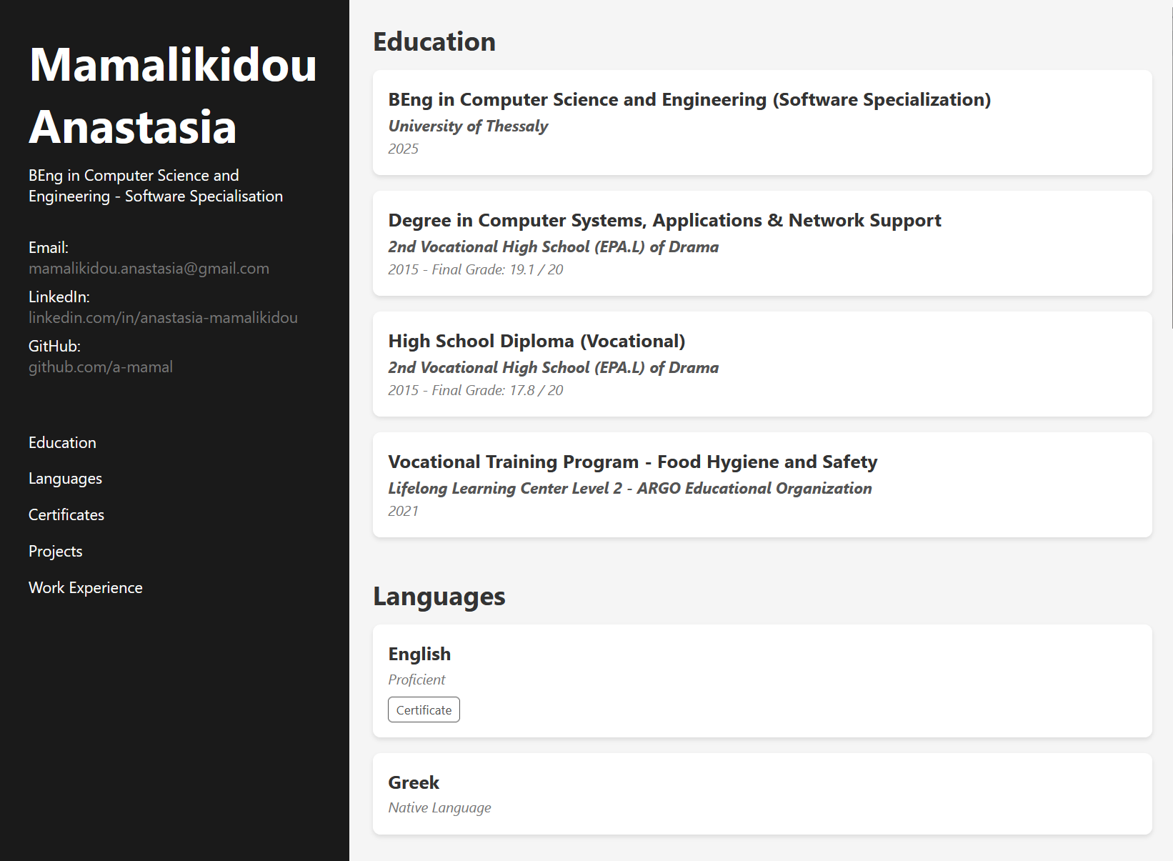 Screenshot of the portfolio website layout, showing the sidebar navigation and sections for education and languages.